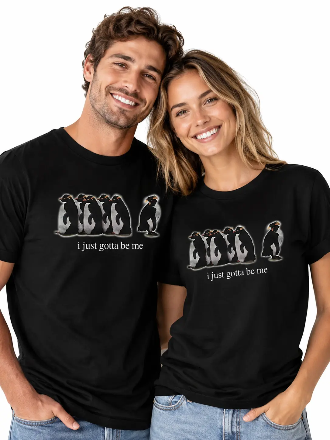 T-Shirt for Women Men, Funny Penguin Graphic Tee, Unisex Black Printed Short Sleeve Shirt, Cute Animal Meme Print Top, Vintage Style Illustration, Loose Fit Crew Neck Casual Streetwear Couple Outfit