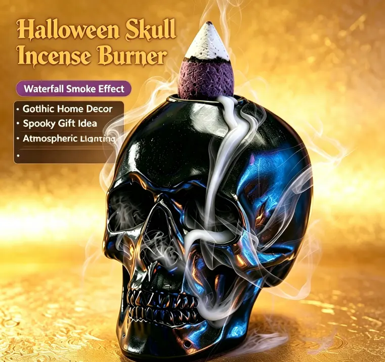 Black skull incense burner stand, resin skull incense burner waterfall, gothic desktop incense ornament, backflow waterfall incense burner, niche dark-style home incense burner, Halloween atmosphere decoration, creative aromatherapy gift