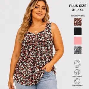 [ROSRISS] Women's Plus Size V-Neck Sleeveless Henley Tank Tops - Summer Cute Buttons-Up Loose-Fit Pleated Flowy Tunics, RPS2071, Summervibes, Outdoor Fun clothes