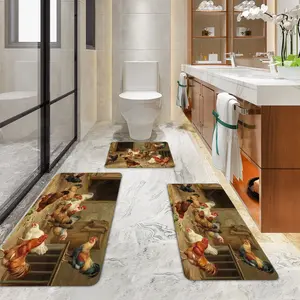 3pcs set kitchen floor mat combination with chicken food pattern carpet, wear resistant and easy to clean, suitable for bathroom and kitchen, perfect for home use,Christmas Home Decor