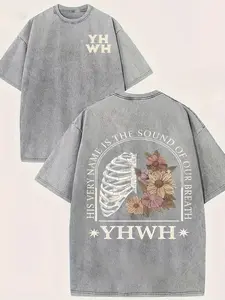 Men's T Shirt Rib Floral Faith Graphic Print Grey Short Sleeve Washed Cotton Retro Casual Crew Neck Regular Fit Soft and Breathable Suitable for Year Round Wear and Daily Casual Great Gift Idea for Holidays or