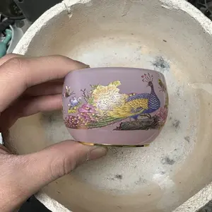 A masterpiece, this handcrafted Jianzhan teacup features a pink glaze and a hand-painted rainbow peacock design; it's also a luminous cup.