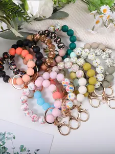 Women's Beaded Wrist Keychain, Floral Print Pearl Key Ring, Anti-Loss Key Holder, Friend Gift, Holiday Gift, Valentine's Day Gift, Floral Pattern Keychain