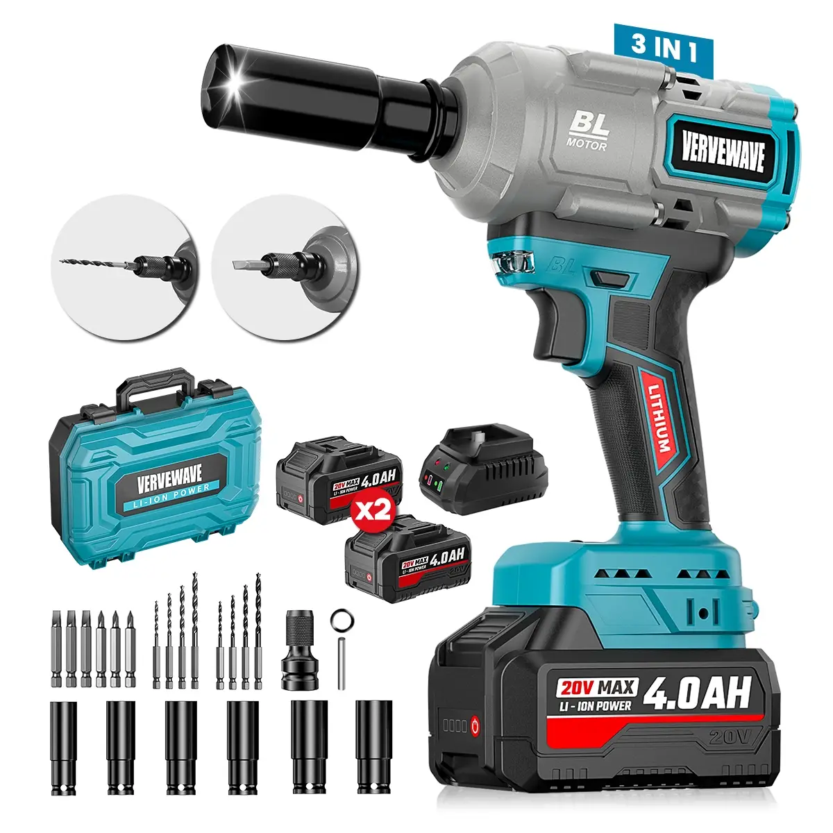 Cordless 1/2” Impact Wrench, Max Torque 600 Ft-lbs / 800 N.m Power Impact Gun, 20V 1/2 Electric Impact Driver, 3-Speed 3500 RPM, 2x 4.0Ah Battery & 6P