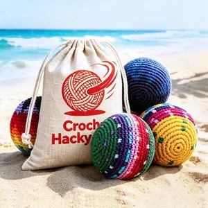 Handmade Crochet Hacky Sack,Multicolor Geometric Footbag,Crochet Hacky Sack + Cotton and Linen Pouch,Kick Ball for Stress Relief Outdoor Fun