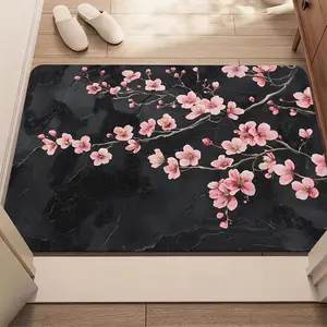 Elegant Pink Cherry Blossom on Black Marble Soft Area Rug Washable Indoor Floor Mat for Chinoiserie Japanese Zen Living Room Bedroom Entryway Home Decor