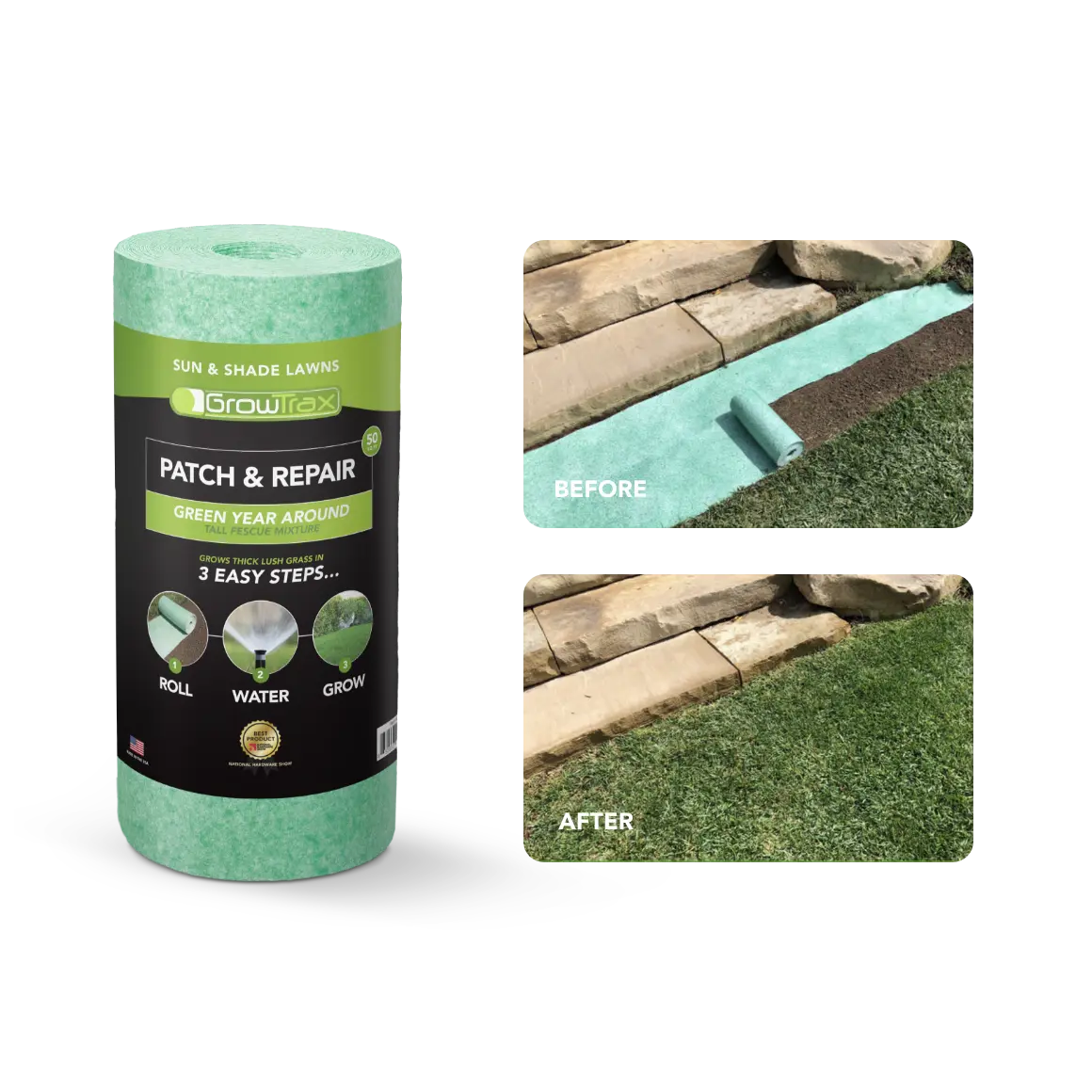 Growtrax Biodegradable Grass Seed - 50 SQFT Bermuda Rye - Grass Seed and Fertilizer for Lawns, Dog Patches & Shade - Just Water & Grow - No Fake or Artificial Grass Garden