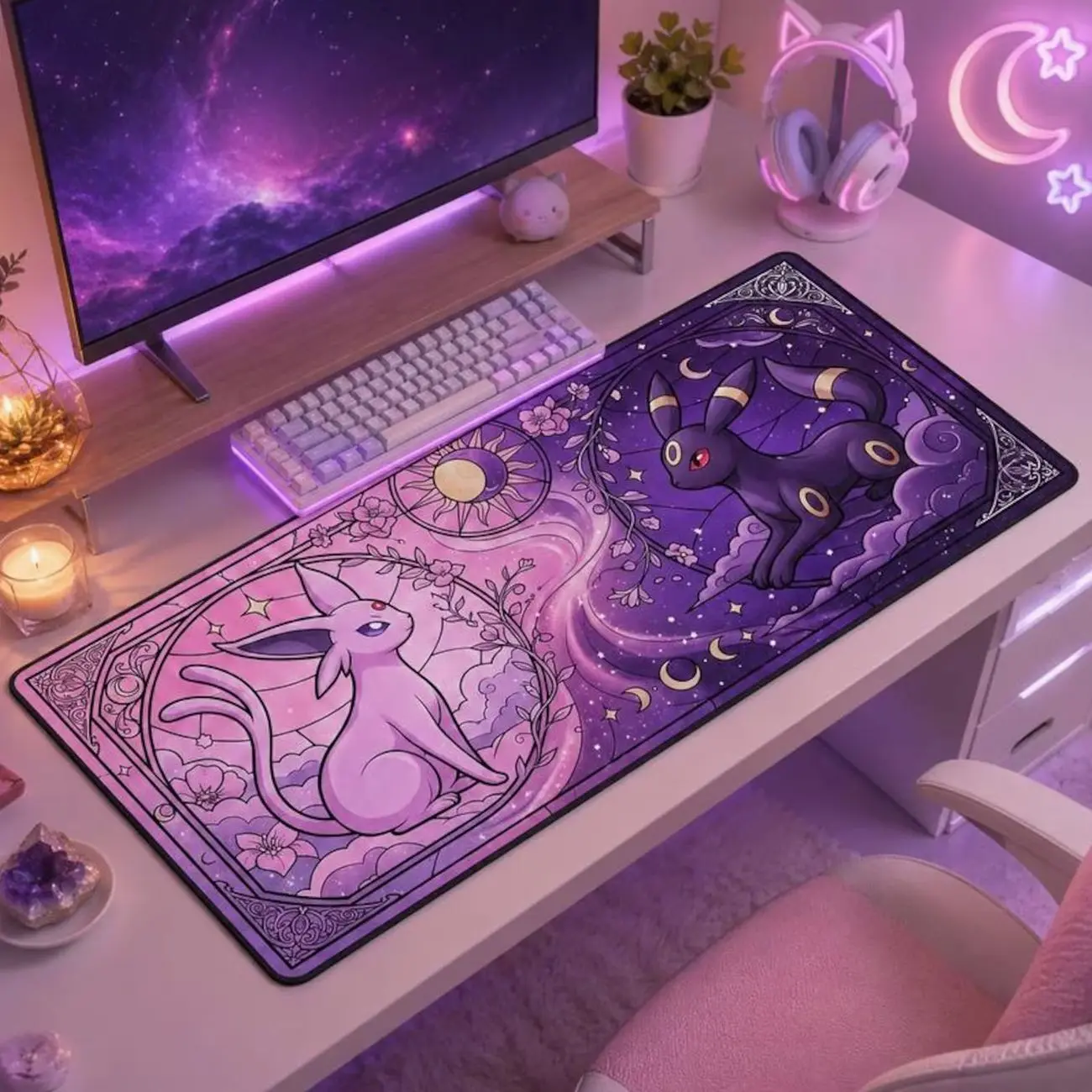 Espeon Umbreon Desk Mat, Stained Glass Anime Gaming Mouse Pad Extended, Sun Moon Desk Pad Large, Aesthetic Purple Desk Accessories