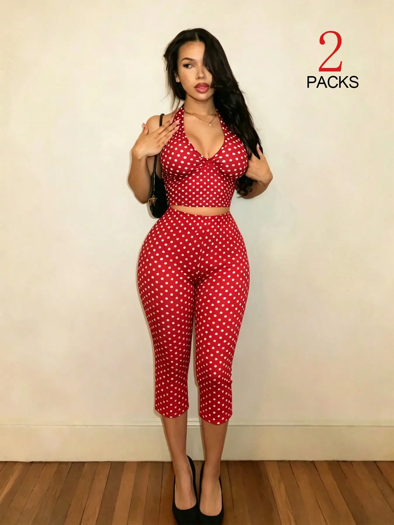 Women's Sexy Deep V Halter Top Set, Camisole Shorts Set, Womenswear, Polka Dot Print, Casual Summer Fashion, Slim Fit Shorts, Multicolor Options, 2-Piece Outfit