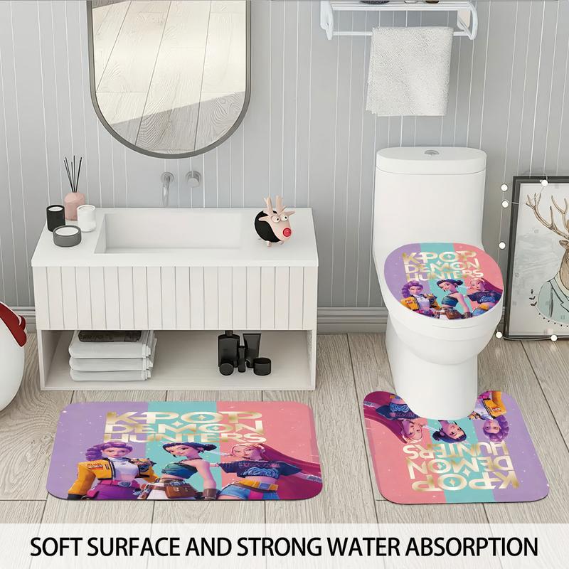 K-POP Demon Hunters Bathroom Set, Shower Curtain with Hooks, Non-Slip Bath Rug, U-Shaped Toilet Mat, Toilet Lid Cover, Bathroom Decoration Accessories, Bathroom Shower Equipment