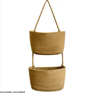 Woven cotton and linen 2-Tier Over the Door Basket, Wall-Mounted Jute Storage Organizer in bathroom – Decorative Nursery Baskets, Perfect for Busy Mom/Dad to Store Diapers & Toys small basket Gift Hook laundry basket house organizers