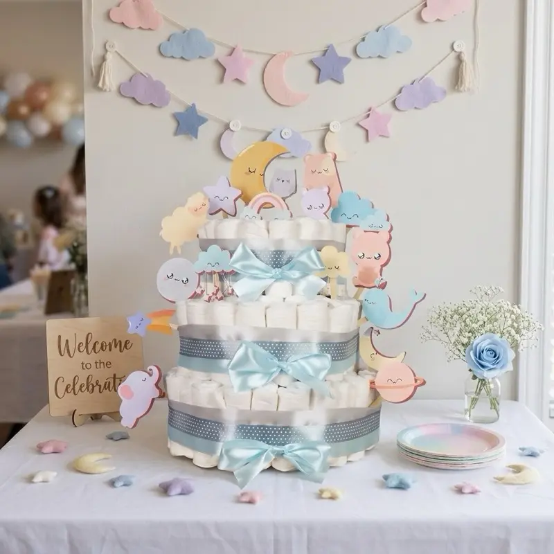 Goodnight Diaper Cake Kit - Gender Neutral 3-Tier Make-Your-Own Set with Reusable Base, Diaper Cake Ideas Toppers, Polka Dots, Bows for Baby Shower Centerpiece & Gift