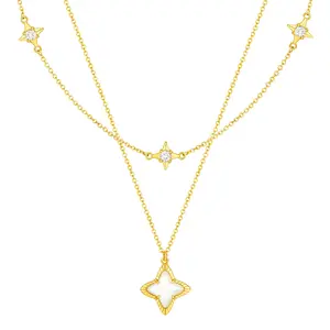 Cicy Bell Women's Four Point Star Necklace Sets Double Layer Chain 18k Gold Plated Cubic Zirconia Mother of Pearl Lucky Pendant Necklace