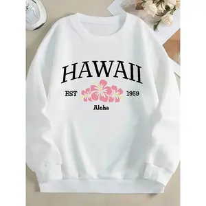 Hawaii Aloha Casual Crew Neck Sweatshirt with Hawaiian Flower Print 100% Polyester Knitted Fabric Slightly Stretchy Long Sleeved Cartoon Pattern Pullover for Autumn Winter