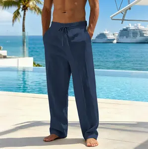 Men’s casual linen-look wide-leg pants with an elastic waistband and drawstring, textured long pants with pockets; lightweight and breathable for summer, wrinkle-resistant, travel-friendly, suitable for vacations, beach trips, cruises, and everyday wear i
