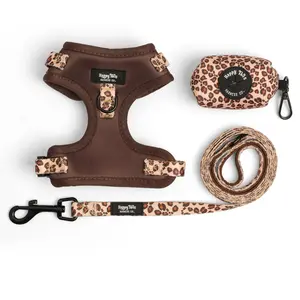 Happy Tails Run Wild Dog Walking Set - Cheetah Print Adjustable Harness, Durable Leash, Poop Bag Holder for Stylish Outdoor Walks