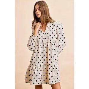 BiBi Polka Dot Corduroy Collared V Neck Dress