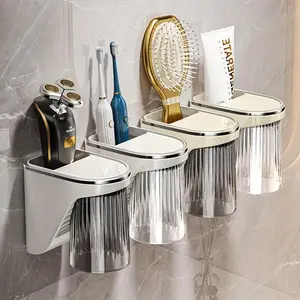 Magnetic Wall-Mounted Toothbrush and Toothpaste Holder with Rinse Cup - No Drilling Required, Ideal for Bathroom Organization, Plastic Construction