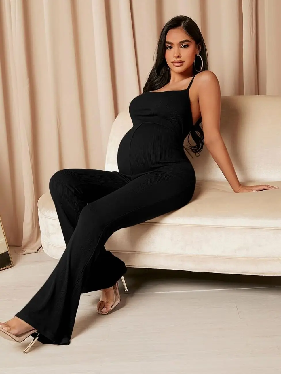 Maternity Flare Leg Cami Jumpsuit, Solid Color Stretchy Romper for Elegant Pregnancy Outfits
