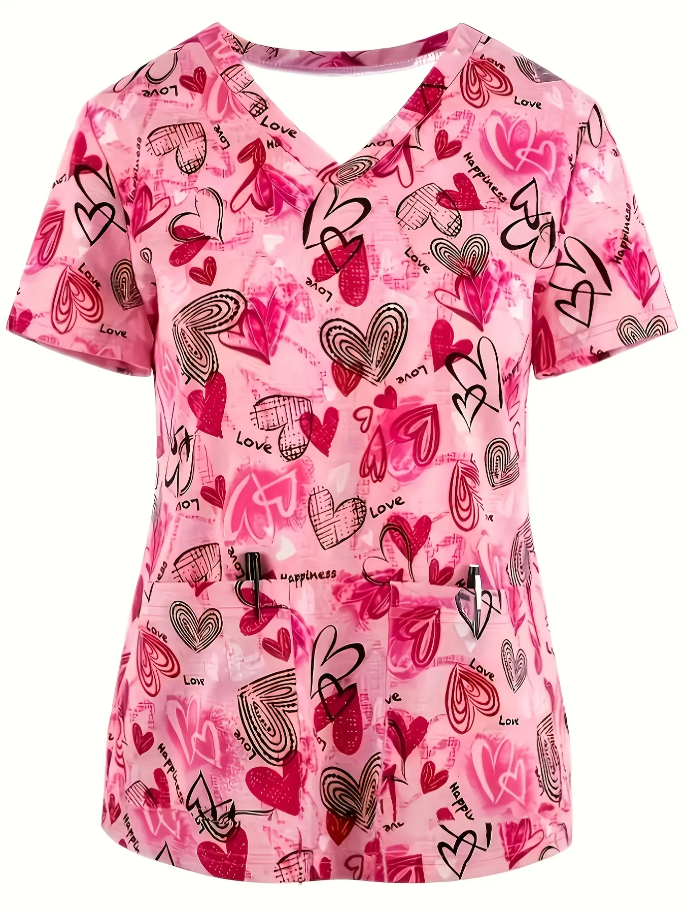 Women's V-Neck Short Sleeve Scrub Top with Pink Love Heart Print, Pockets - Casual, Comfortable, Breathable Medical Healthcare Workwear Uniform