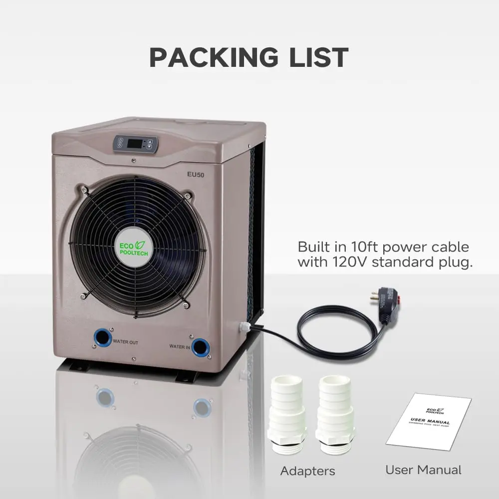 ECOPOOLTECH Outdoor Swimming Pool Heat Pump Heater - Energy Efficient Heating, Titanium Heat Exchanger, Flow Sensor, for Up to 5000-Gallon Above Ground Pools, 16184 BTU/hr Max Output, Extends Play for Months