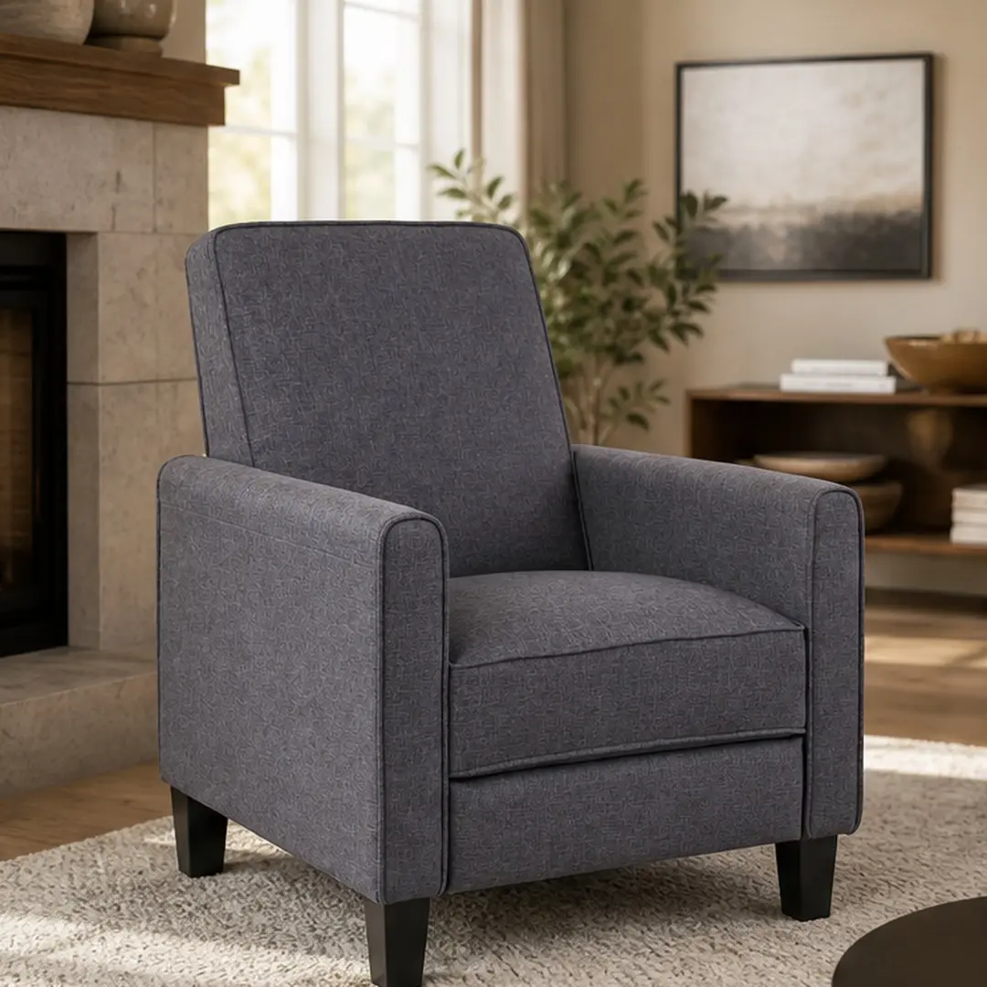 ARCH Smoke Fabric Push Back Recliner Chair for Living Room, Low Profile Compact Reclining Chair with Piped Edges and Tapered Legs, Contemporary Small Space Recliner, 34.75W x 27D x 36.25H in, Single, Smoke Color Options, Fabric Material, 27" W X 60.5" D X