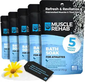 Muscle Rehab| (5) Travel Epsom Soak Packets Arnica, Magnesium Salt, Body, Hand, Foot Pain Relief, Sore Feet Relief, Foot Bath Soak, Epson Salts for Soaking Feet, Stiffness and Pain Relief, Single use
