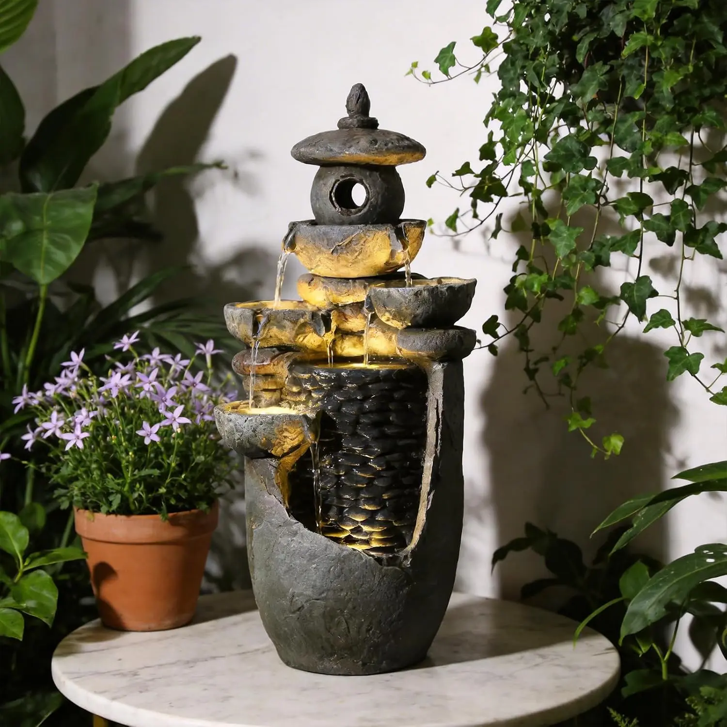 Rustic Jar Outdoor Water Fountain with Planter 38.5" Large Tiered Waterfall with Warm LED Lights, Handcrafted Resin Fountain for Zen Garden, Deck & Indoor Home Decor
