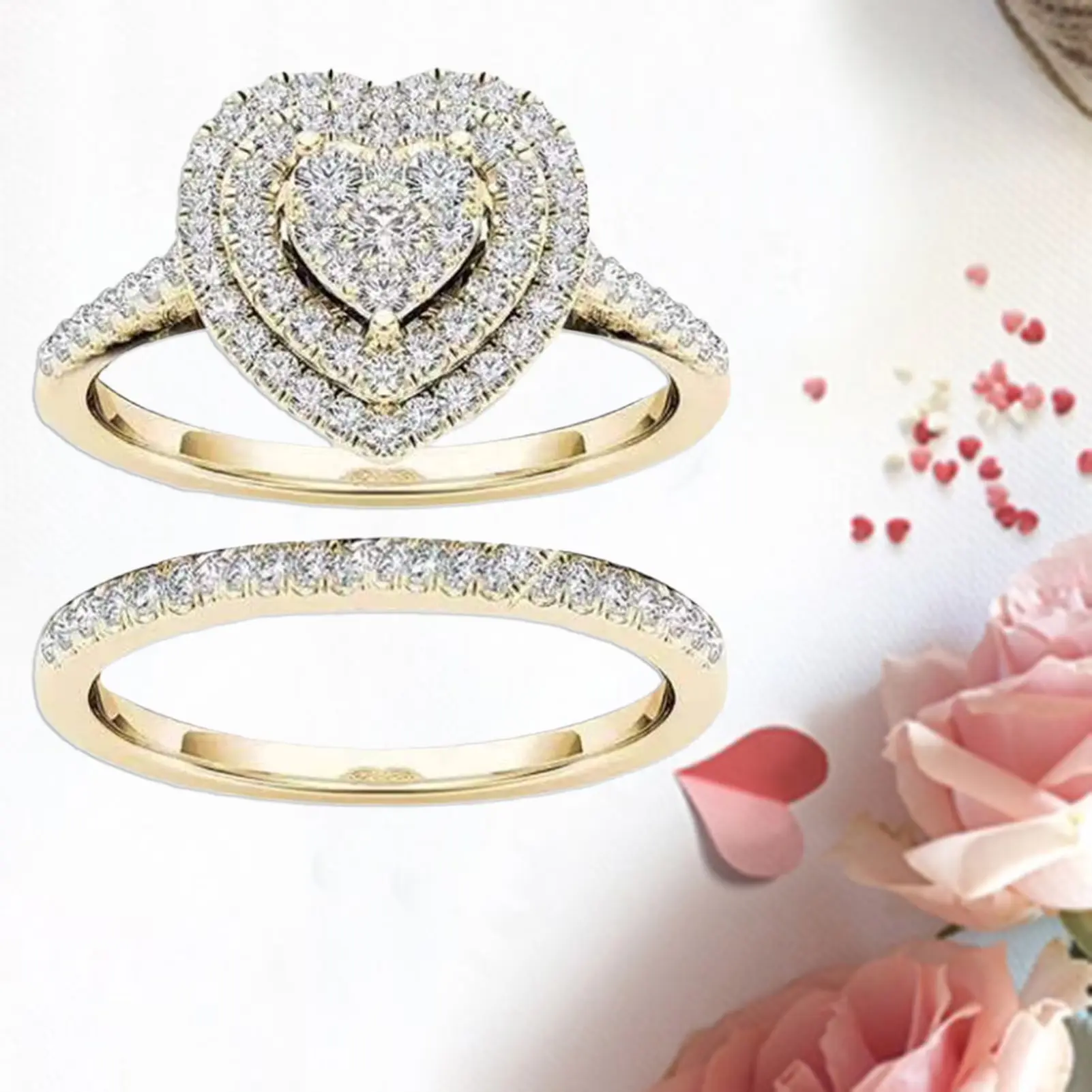 Elegant Women's Zinc Alloy Heart-Shaped Rhinestone Jewelry Rings Set,for any occasion, featuring a heart-shaped ring and a heart-shaped cluster-set ring