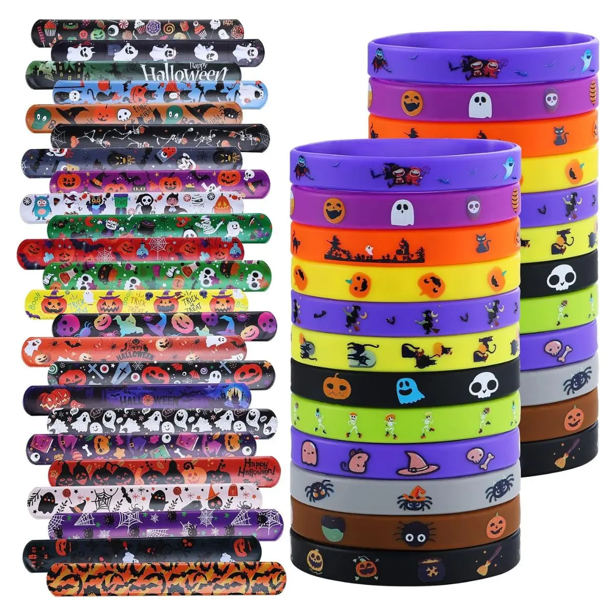 48 PCS Halloween Party Favors, Slap Bracelets and Rubber Wristbands for Kids