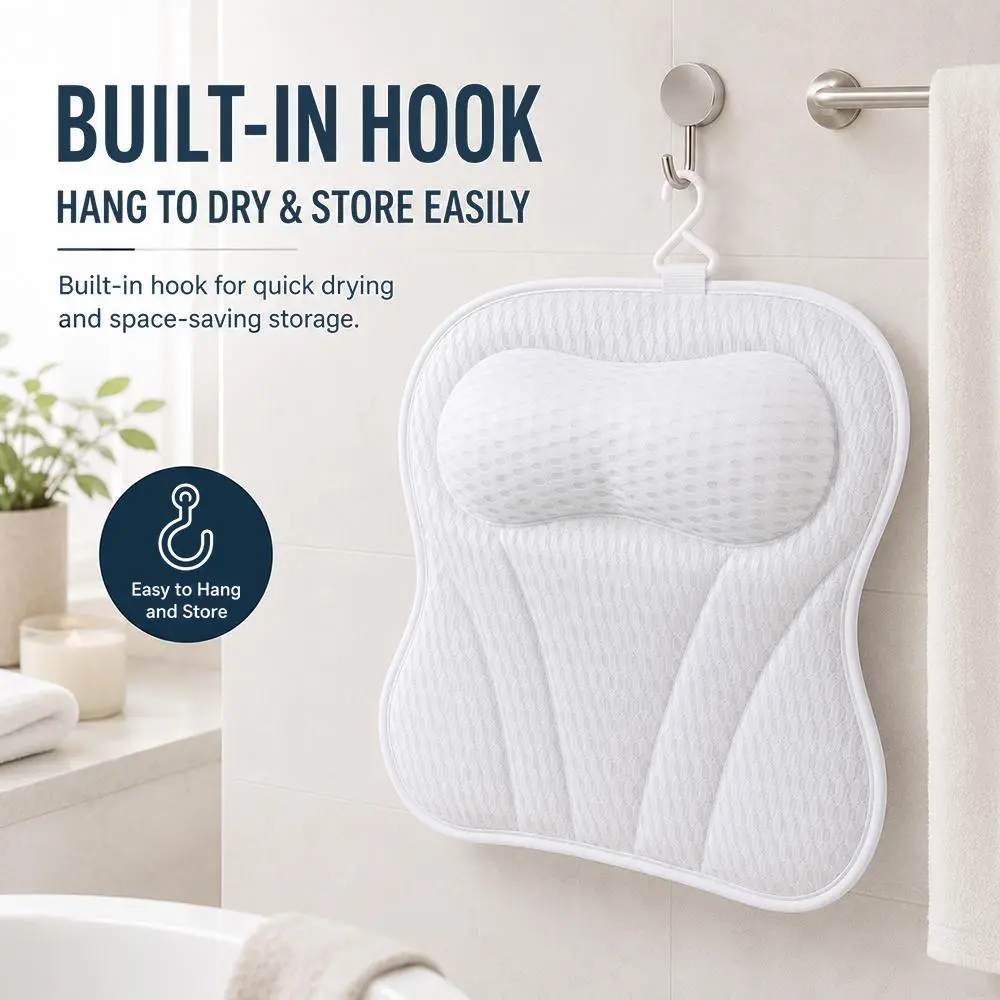 4D Ergonomic Bathtub Pillow for Neck & Shoulders Relief, Mesh Fabric Quick Drying Lightweight Headrest, 6 Non-Slip Suction Cups, Machine Washable Bath Accessory, Thoughtful Gift