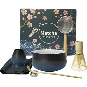 7 count Matcha Whisk Set - Complete Matcha Kit Set Includes Matcha Bowl with Spout,  Whisk with Holder, Scoop, Sifter, Scoop Holder,  Towel - Ideal  for Matcha Lovers (Blue)