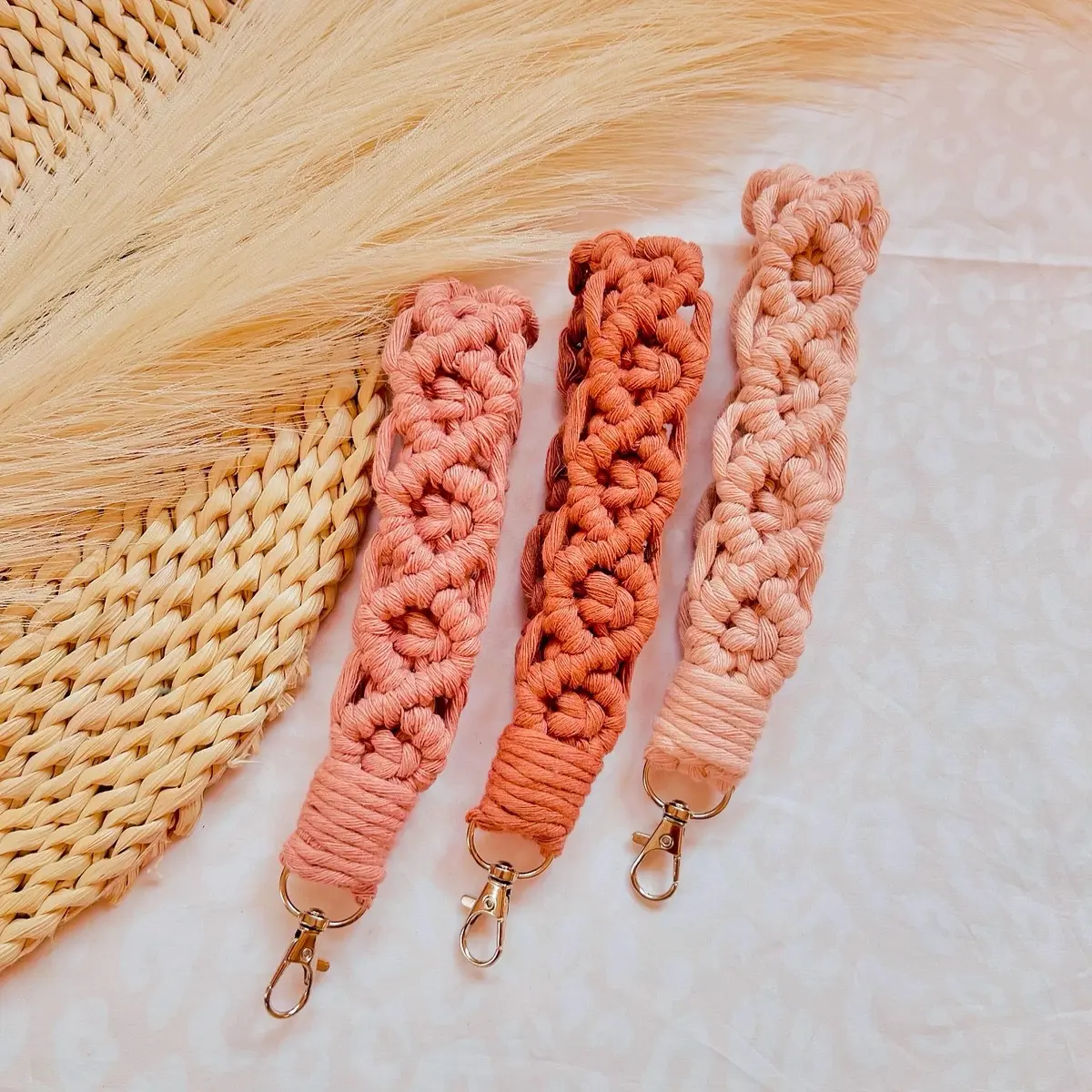 Diamond Macrame Wristlet Keychain - Chunky Boho Accessory with Snap Hook woman gift