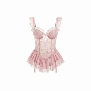 Cider Pink Floral Lace Boned Bustier Babydoll Dress - Sweet Ruffled Nightgown with Built-in Bra
