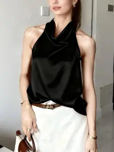 Women's Sleeveless Halter Backless Vest, Woven Fabric, Draped Design, Casual, Suitable for Various Occasions, Stylish and Comfortable