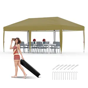 10x20ft Pop Up Canopy Tent,Heavy-Duty 210D Oxford Fabric & Rust-Proof Frame - 3 Adjustable Heights, Roller Bag, 4 Sandbags - UV Protection,Khaki