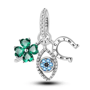 MULA Grandmother's Lucky Charm, S925 Sterling Silver Triple Blessing Dangle, Four Leaf Clover Evil Eye Horseshoe Keepsake Bead, Engraved "LUCKY" Memory for Pandora, Heirloom Protection Jewelry, Sentimental Gifts for Daughter Granddaughter