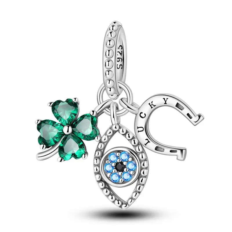 MULA Grandmother's Lucky Charm, S925 Sterling Silver Triple Blessing Dangle, Four Leaf Clover Evil Eye Horseshoe Keepsake Bead, Engraved "LUCKY" Memory for Pandora, Heirloom Protection Jewelry, Sentimental Gifts for Daughter Granddaughter