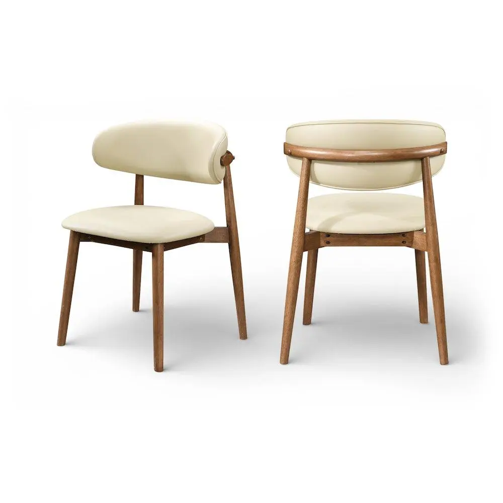 Leesa Meridian Furniture Cream PU Leather Upholstered Dining Chairs (Set of 2) - Durable Indoor Furniture with Luxurious Stained Brown Finish, Effortless Elegance for Gatherings to Foster Moments of Connection