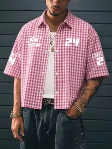American High Street Plaid Digital Print Short Sleeve Shirt, Vintage College Style, Loose Fit, Trendy Summer for Men
