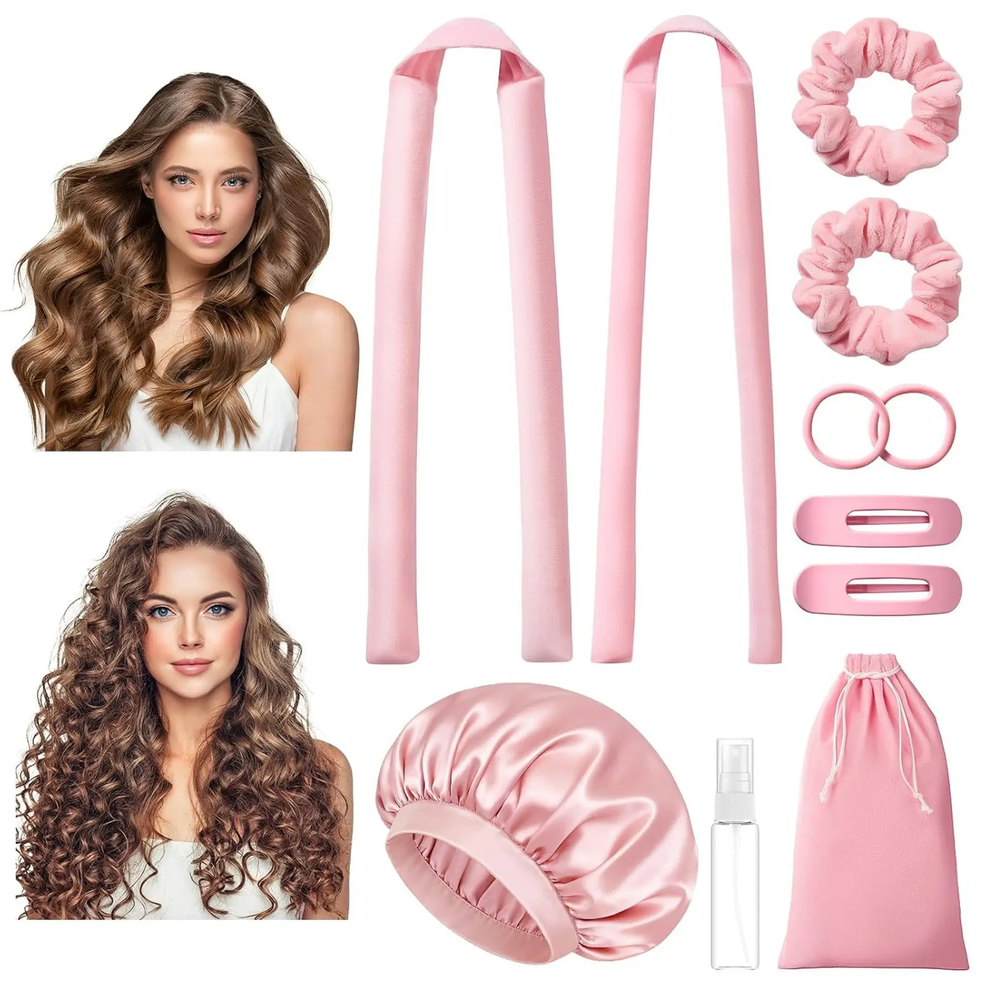 No Heat Overnight Curling Set, Silk Hair Rollers 11-Piece Kit, Heatless Hair Curlers, Wearable Sleepwear, Soft Flexible, Damage-Free Curls and Waves, Complete Set, Heatless Curling Set, Heatless Styling Tools