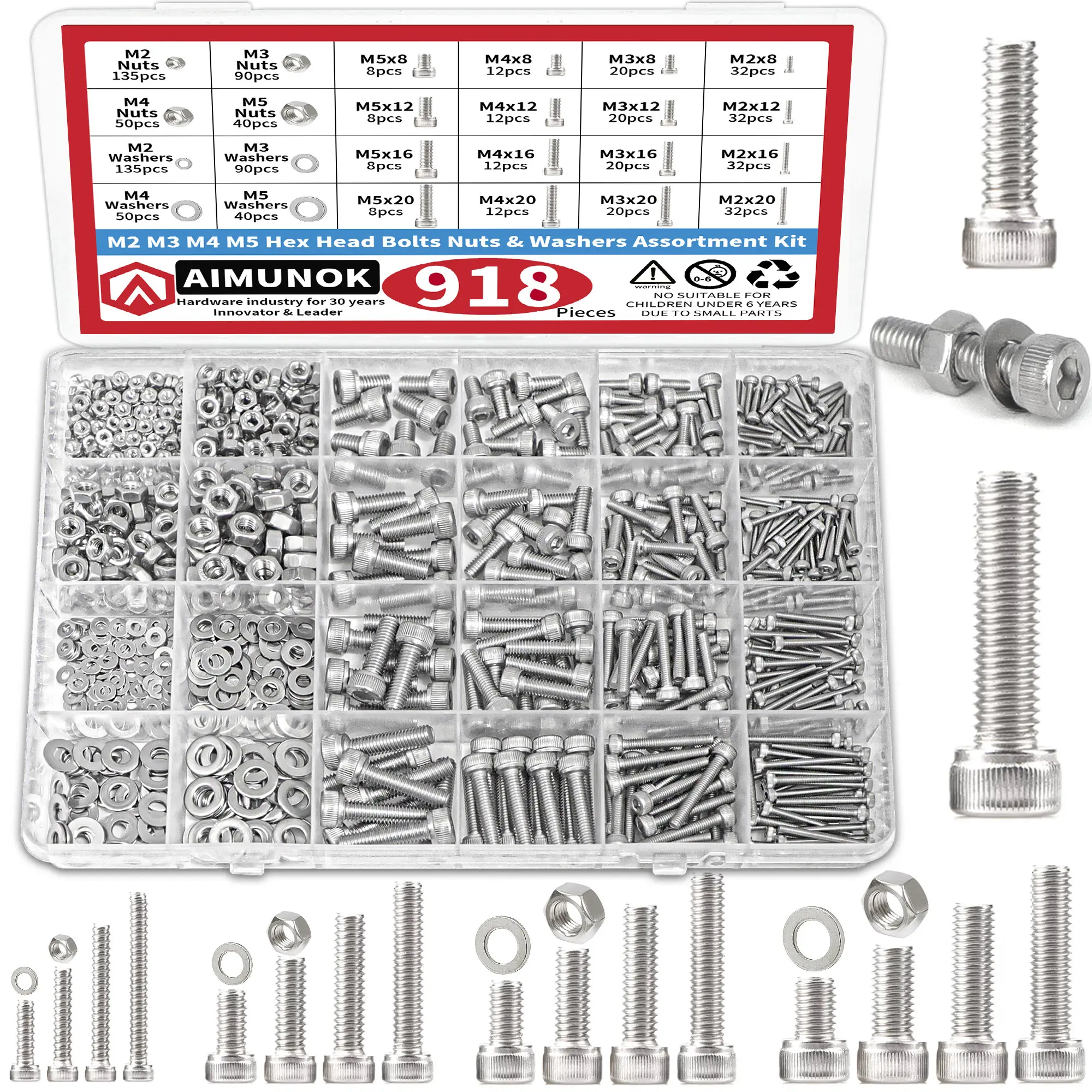 918-Piece M2-M4-M5 Metric 304 Stainless Steel Hex Socket Head Cap Screws Kit with Nuts, Washers, Spring Washers - A2/A4 Marine Grade for Mechanical DIY, Bicycles