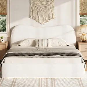 King Size Upholstered Platform Bed with Wooden Slats, Solid Wood Bed Frame, No Box Spring Needed, White