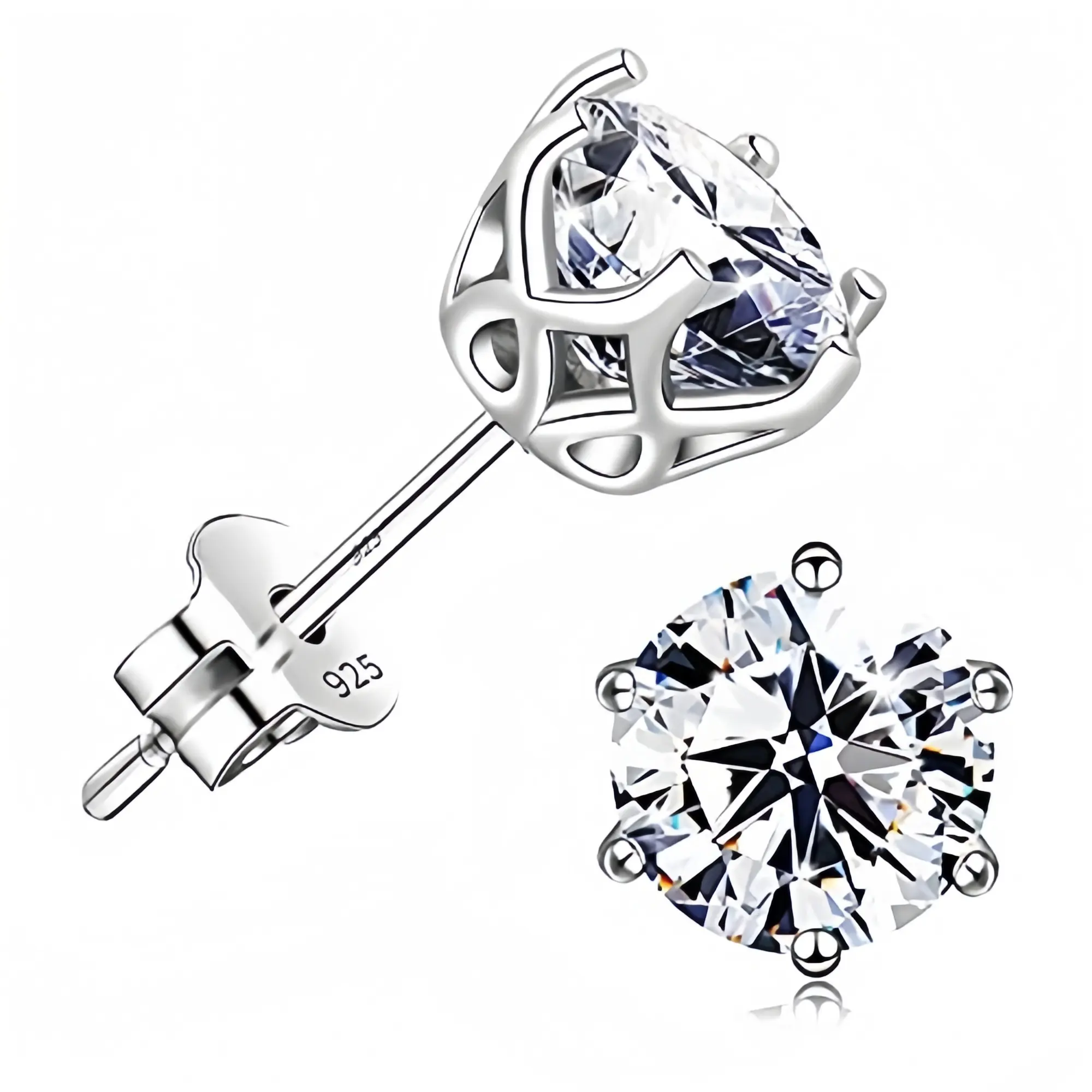 925 Silver Classic Cubic Zirconia Studs Earrings Hypoallergenic Unisex Jewelry for Men & Women  | Unisex Piercing Jewelry with Secure Backing | Versatile Unisex Accessory for Daily Style | 6-Prong Setting