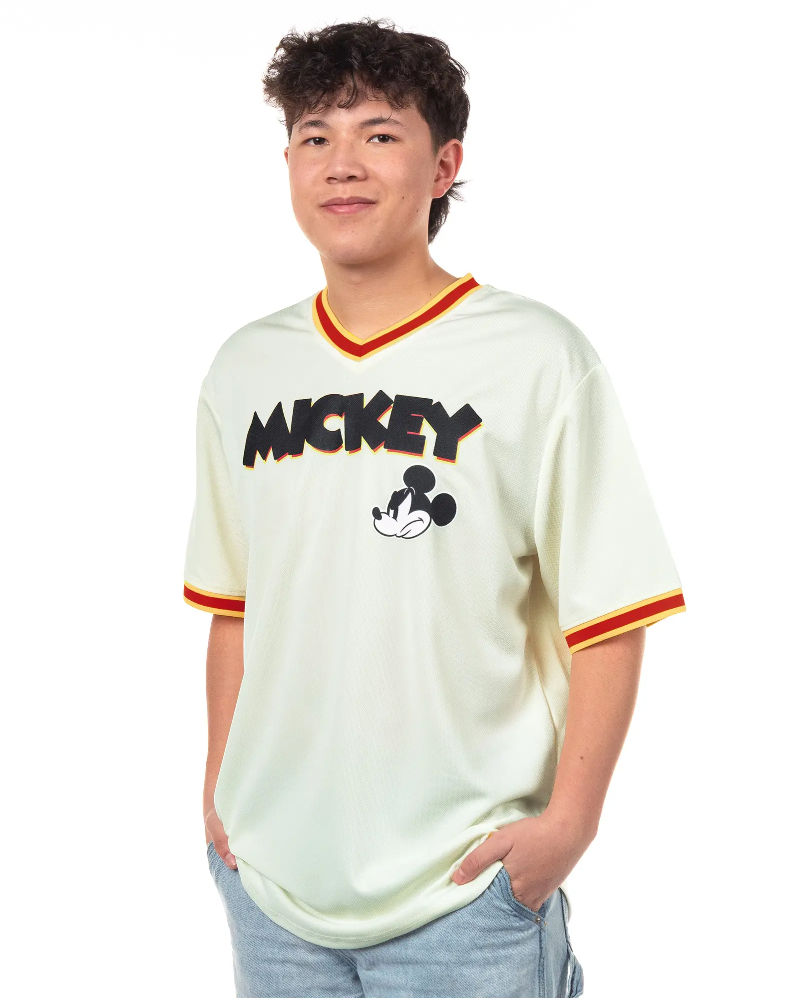 Men's Disney Mickey Mouse #28 Short Sleeve Baseball Jersey, Athletic Tops, Apparel Jersey, Sportswear Shirt with Striped Neckline Adds Depth, Multi-Size