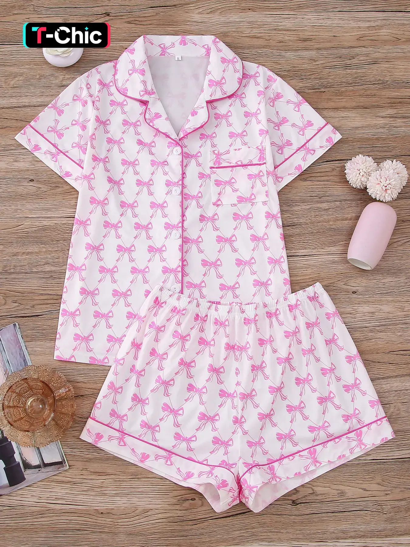 Summer Women's Essential Loungewear Set, Girly Bow Print, Lightweight Button Down Short Sleepwear for Lazy Days, Pajama, Womenswear