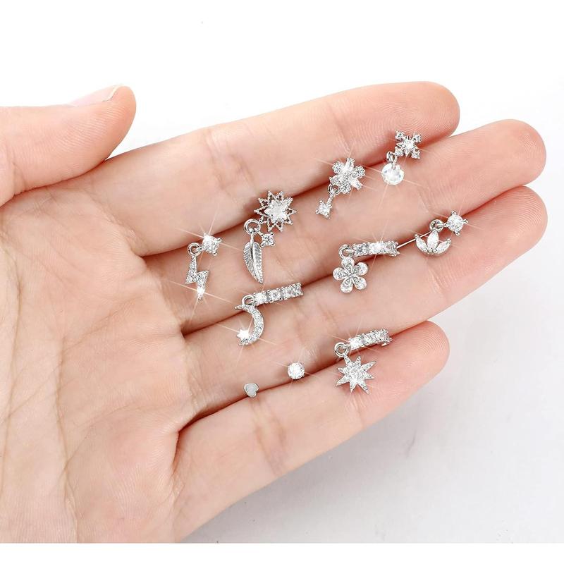 48 Pcs Dangle Nose Rings for Women Nose Piercings Jewelry Studs Hoops with Charm Stainless Steel Indian Nostril Rings for Women