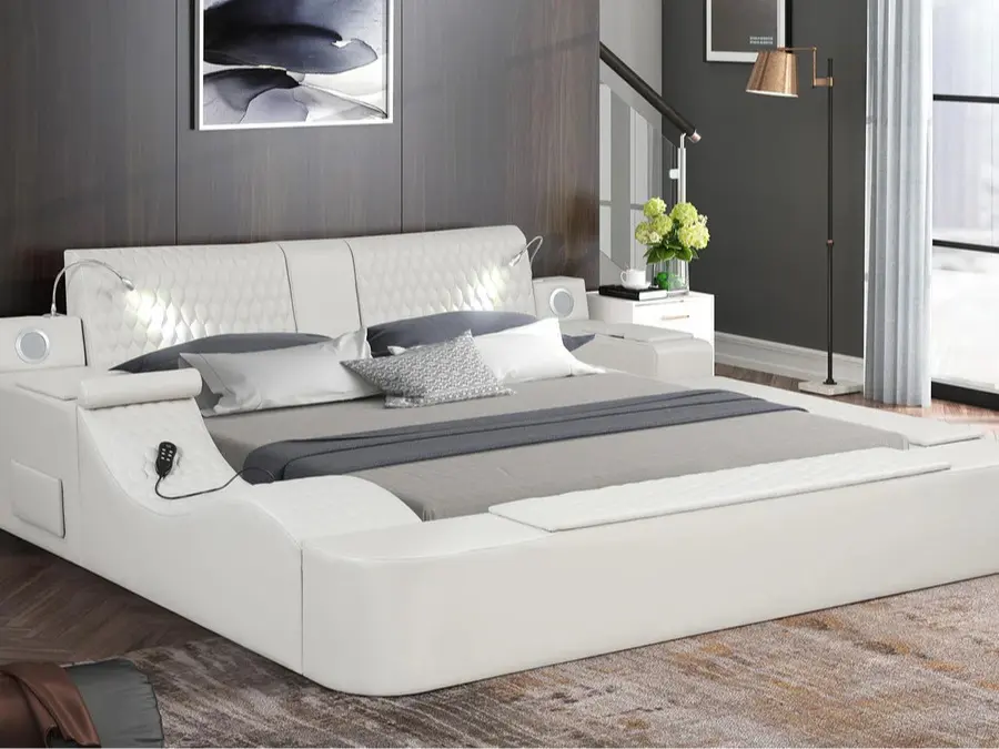 Zoya Ice Faux Leather Modern Queen Bed with Massage Lounge, Bluetooth Speakers & Reading Lights
