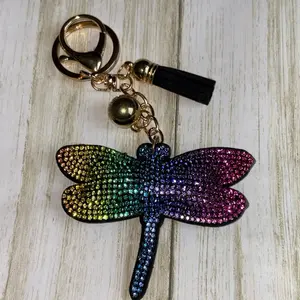 Dragonfly Blingy Keychain with Rhinestones Gold Color Tassel and Chain Design Elegant Accessory for Everyday Use and Gifting