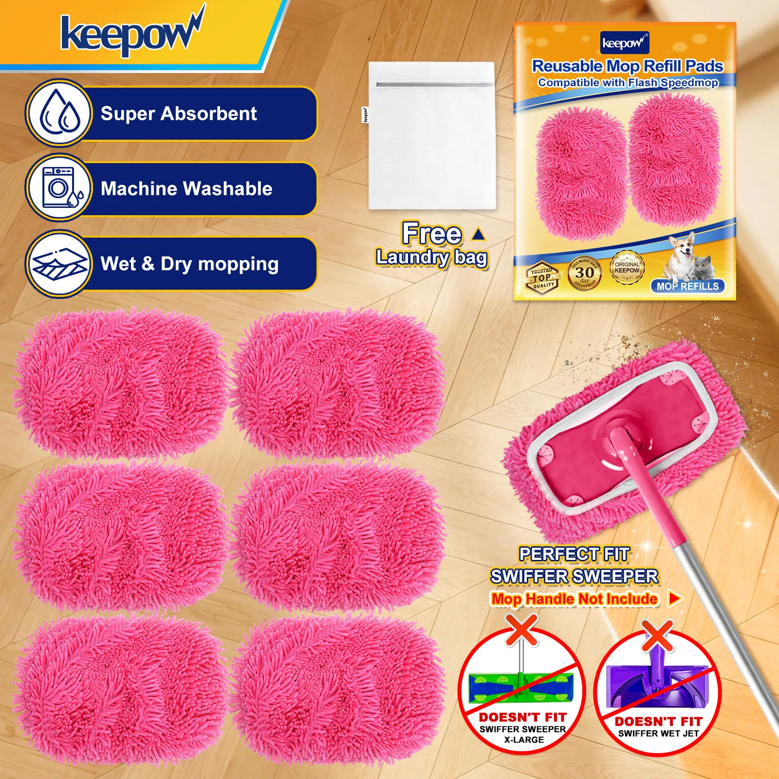 KEEPOW Reusable Dry Sweeping Cloths Microfiber Wet Mop Pads Compatible with Swiffer Sweeper Mop for Hardwood Surface Floor Cleaning